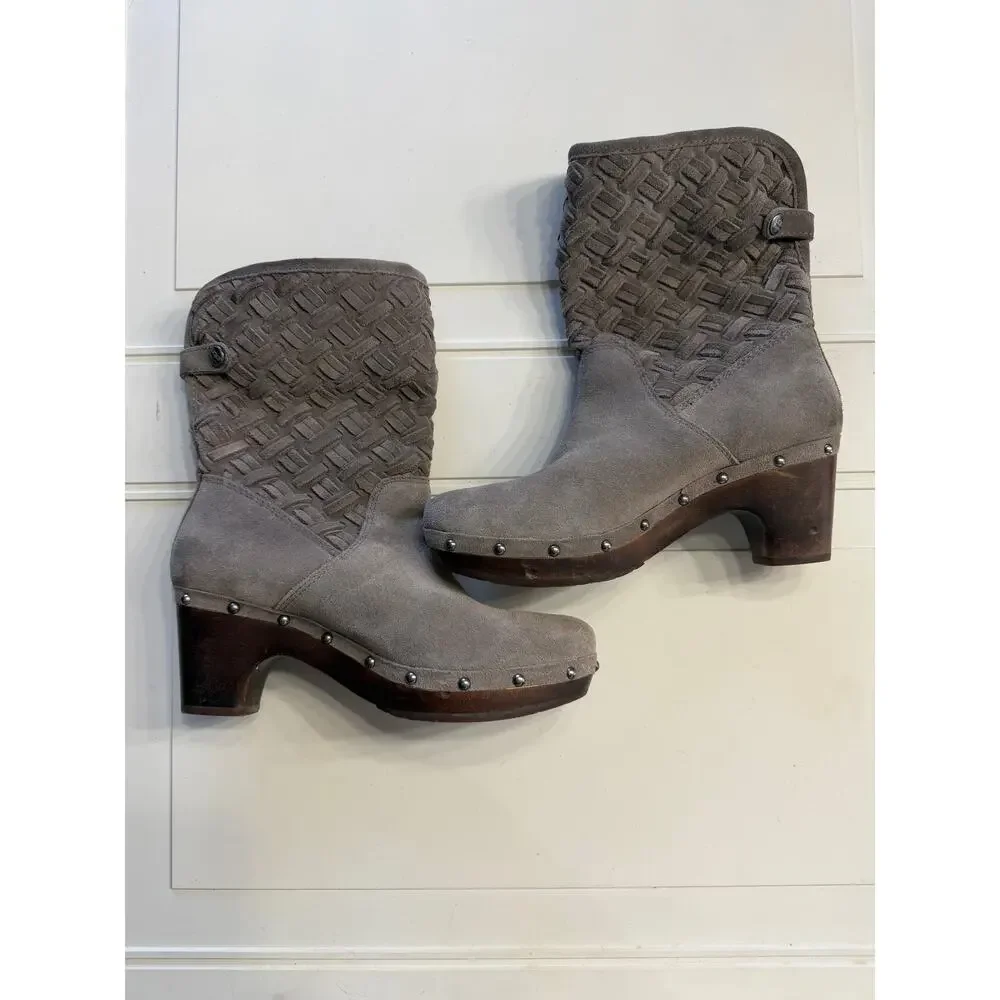 Ugg Womens Sz 9 Gray Tan Lynea Arroyo Weave Clog Convertibel Leather Boots
